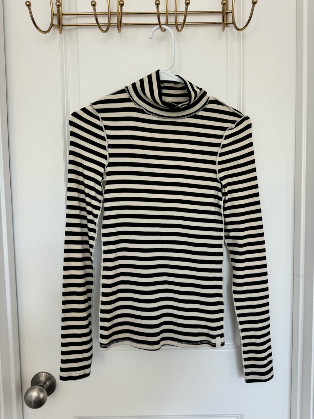Free People Black and Cream Striped Turtleneck Long-Sleeve Top
